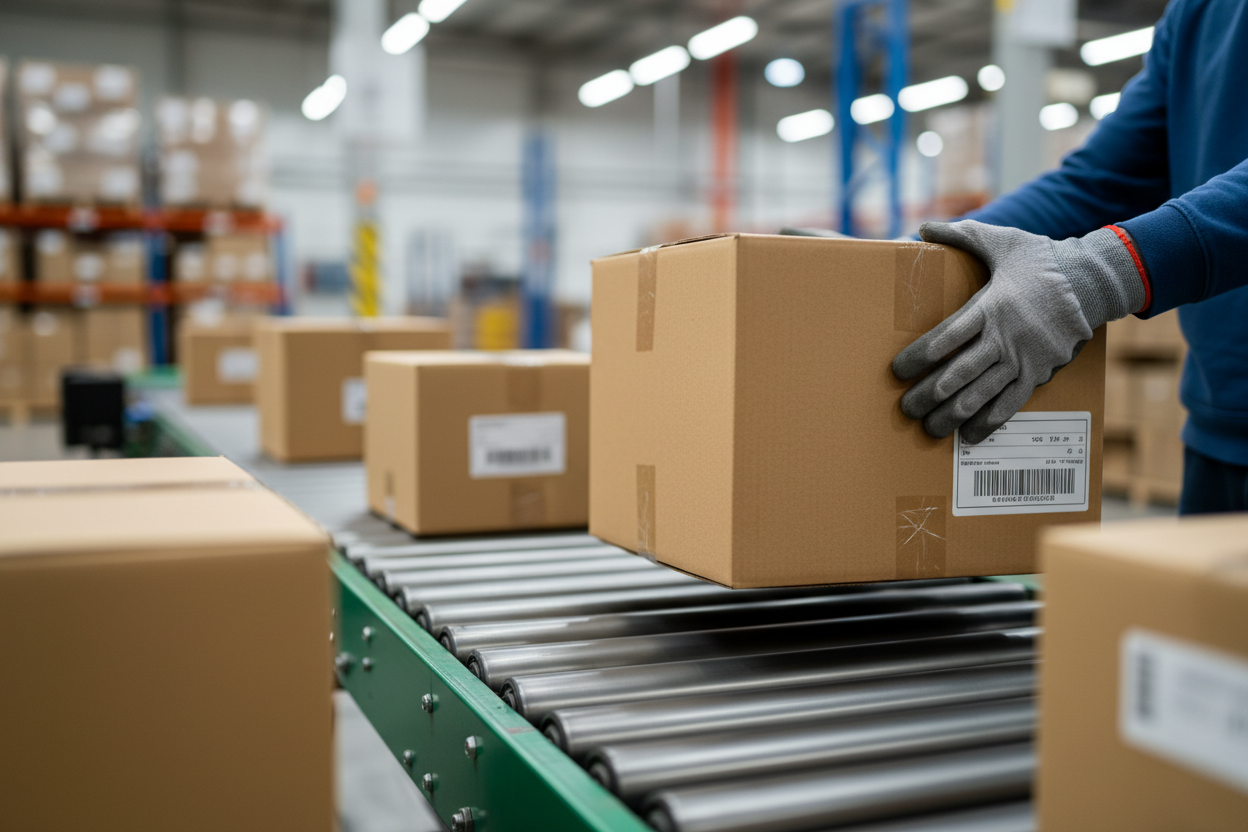 放大特写箱子，画面中只看到其中一部分的传送带和几个箱子，有物流人员正在搬运其中一个箱子